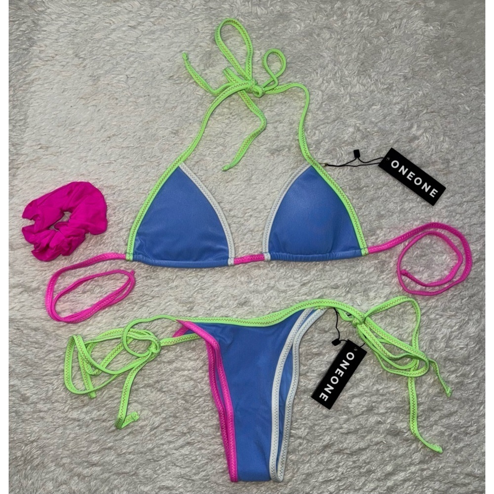 NWT OneOne Swimwear Bikini Set Derawan Jesse Kameron Colorblock Neon Blue - Picture 2 of 6